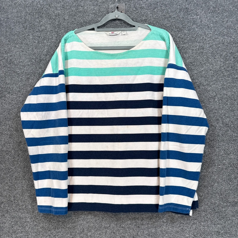 Vineyard Vines Shirt Womens XL White Blue Mint Striped Boat Neck Long Sleeve Tee